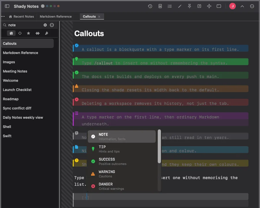 The callout type picker listing the available callout types with their icons.