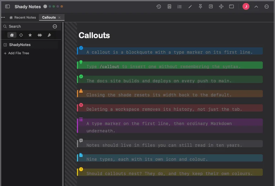 A note showing all nine callout types rendered with their icons and colours.