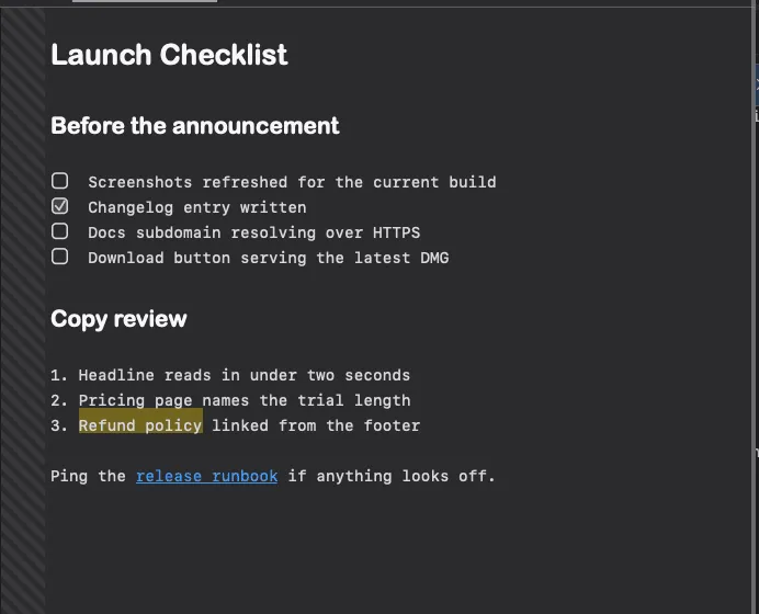 A checklist with completed and outstanding tasks, some in a bulleted list and one standalone.