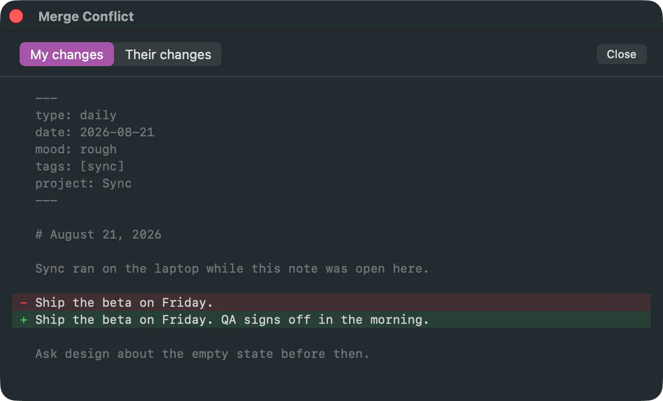 The Merge Conflict window, showing one version at a time diffed against the common ancestor.