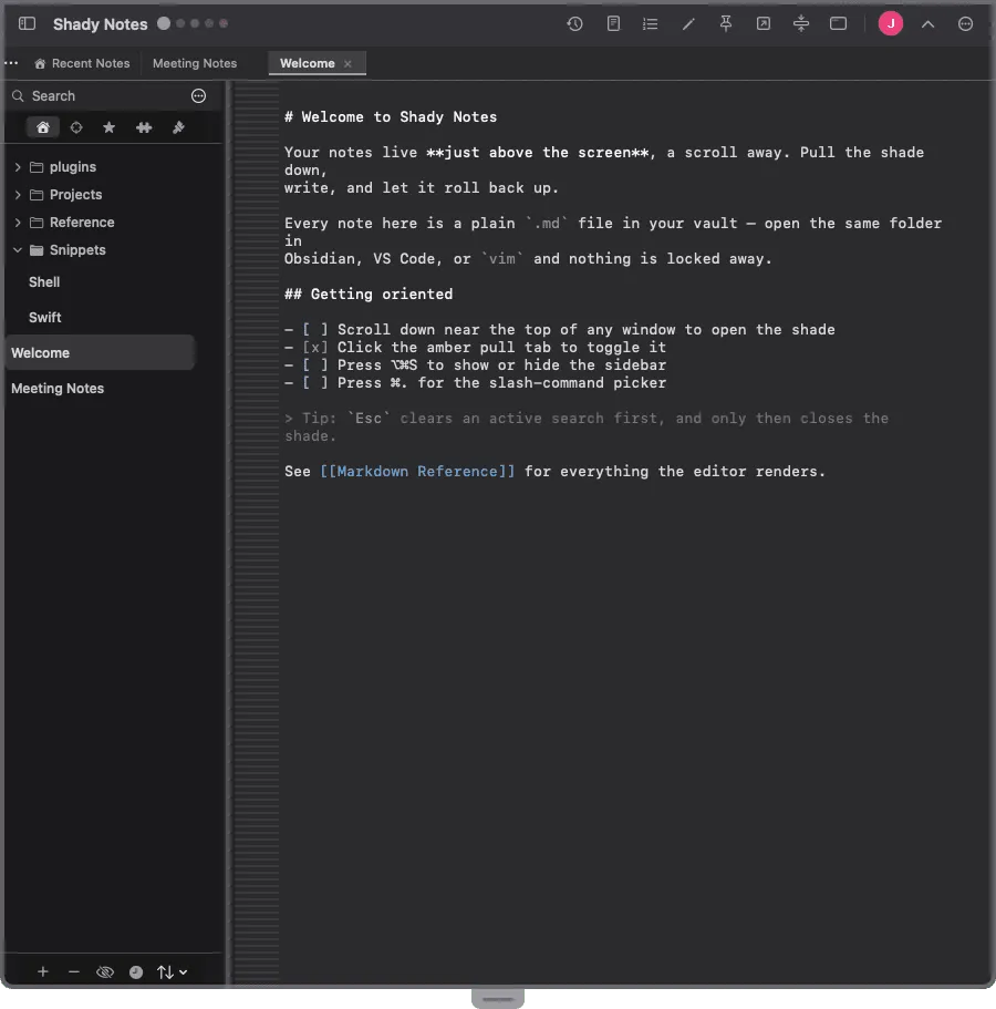 The same note in raw mode, showing plain Markdown source with syntax colouring.