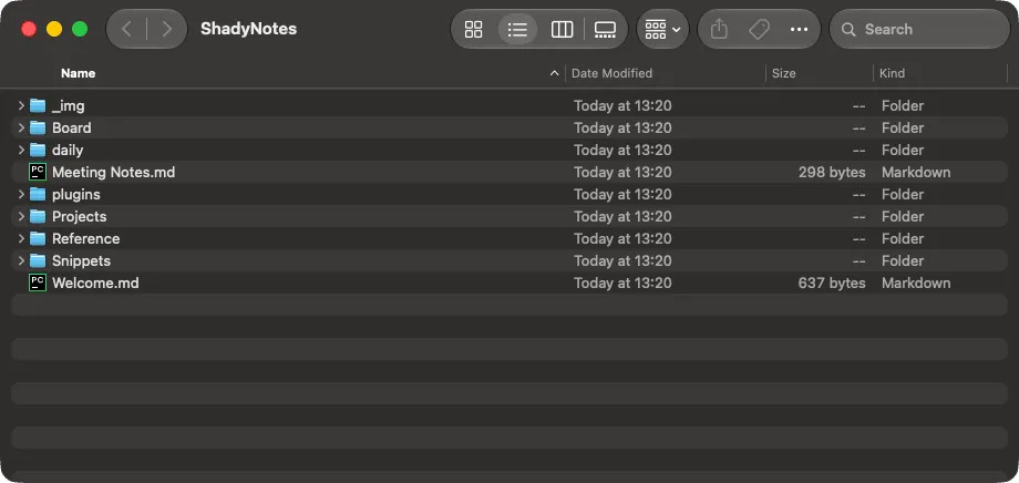 A Finder window showing the vault folder containing Markdown files and subfolders.