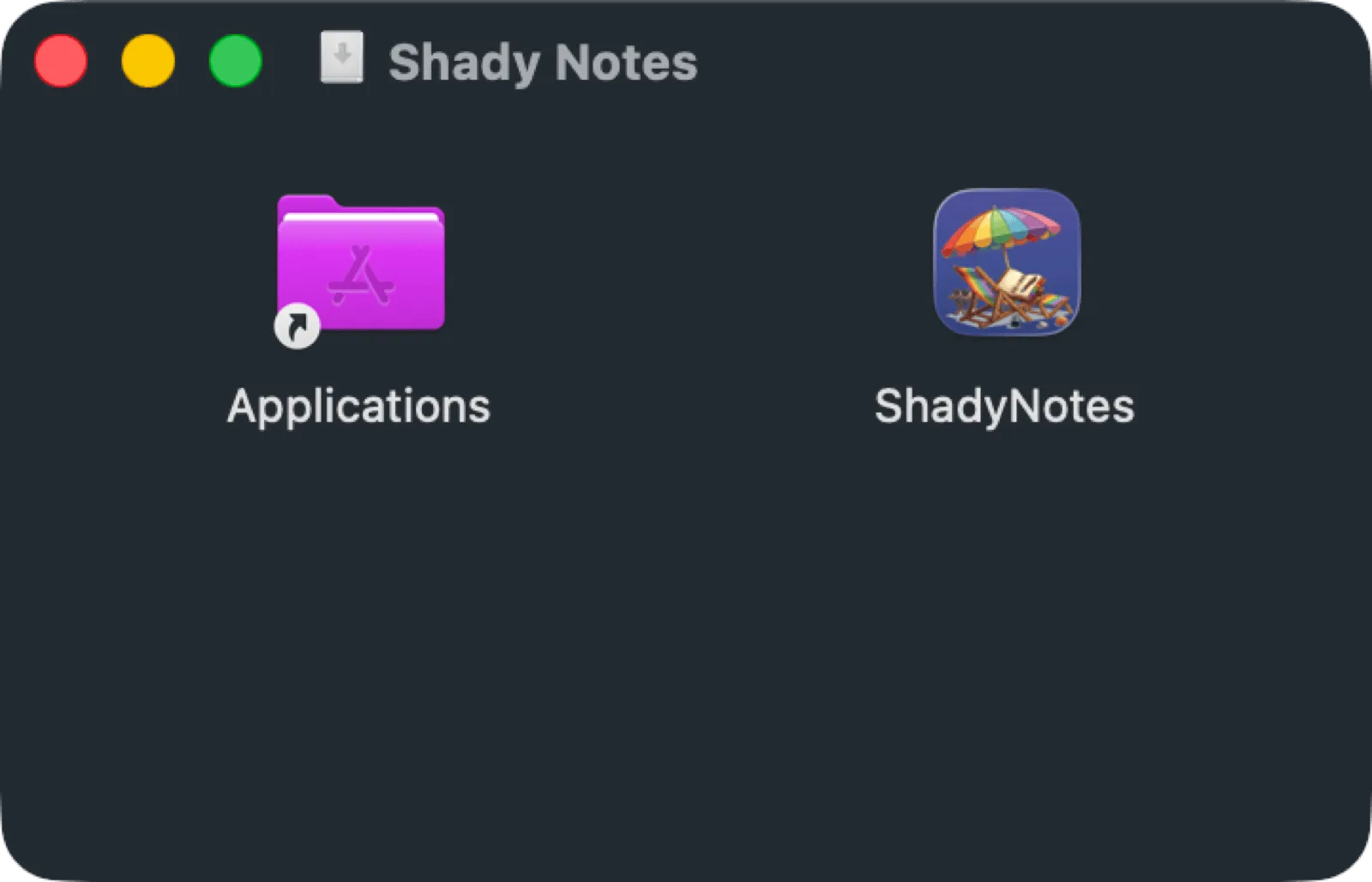 The mounted Shady Notes disk image, showing the app icon beside an Applications folder shortcut.