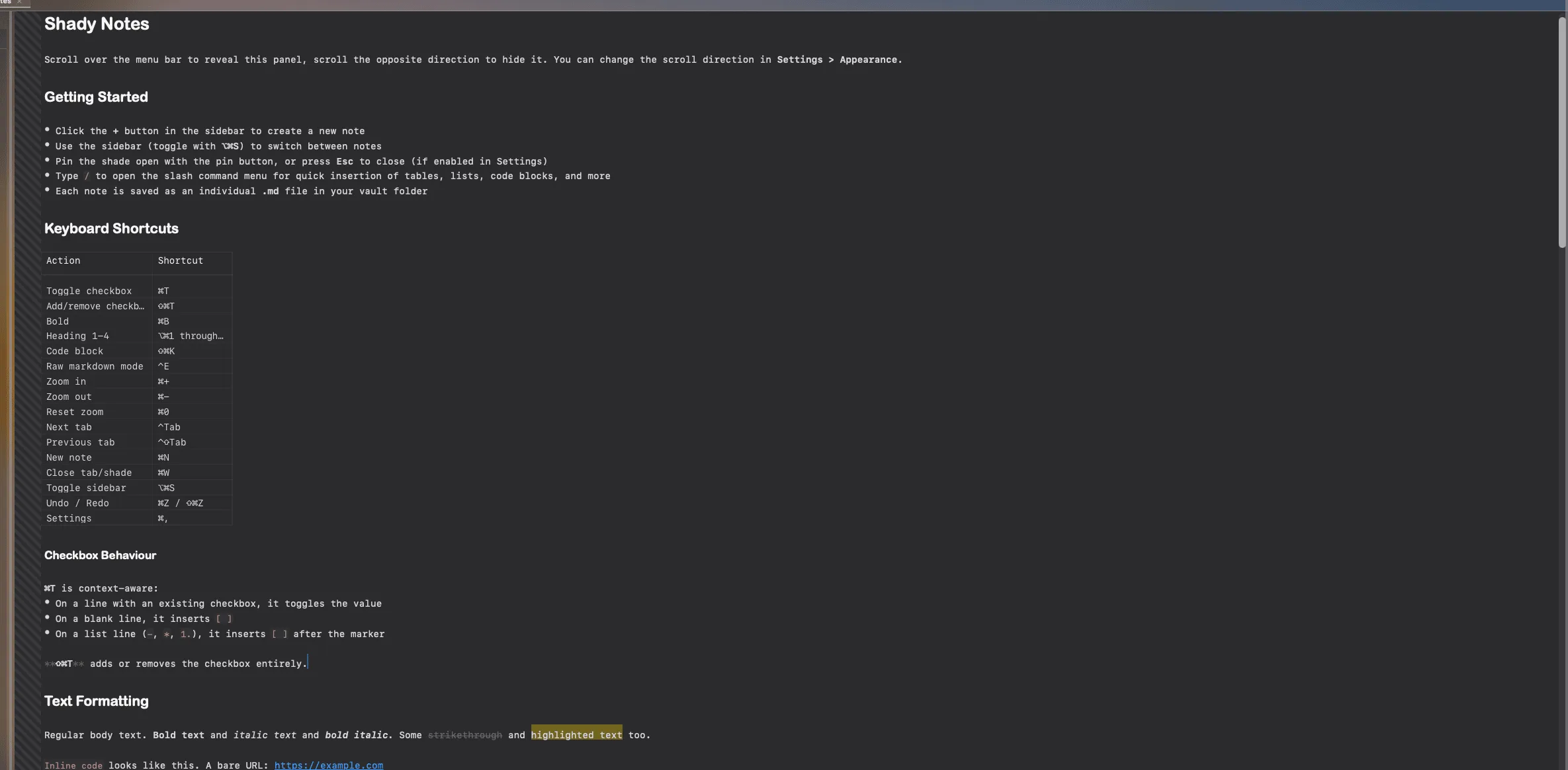 A note demonstrating every supported Markdown feature rendered in the editor.
