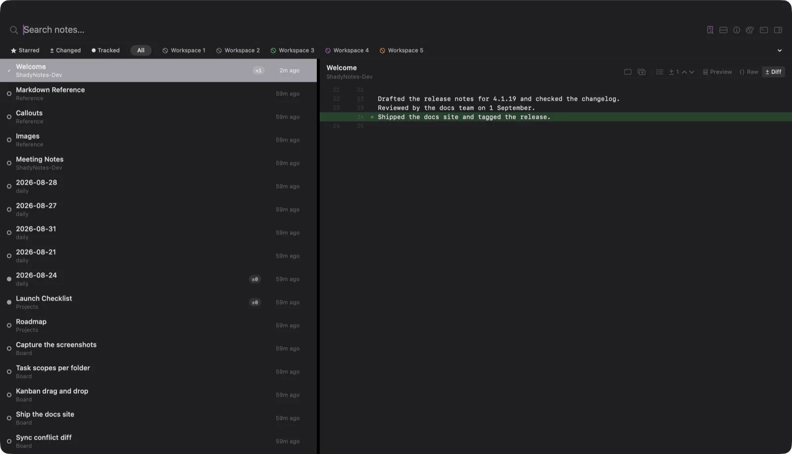 The Navigator diff panel showing additions and deletions between two versions of a note.