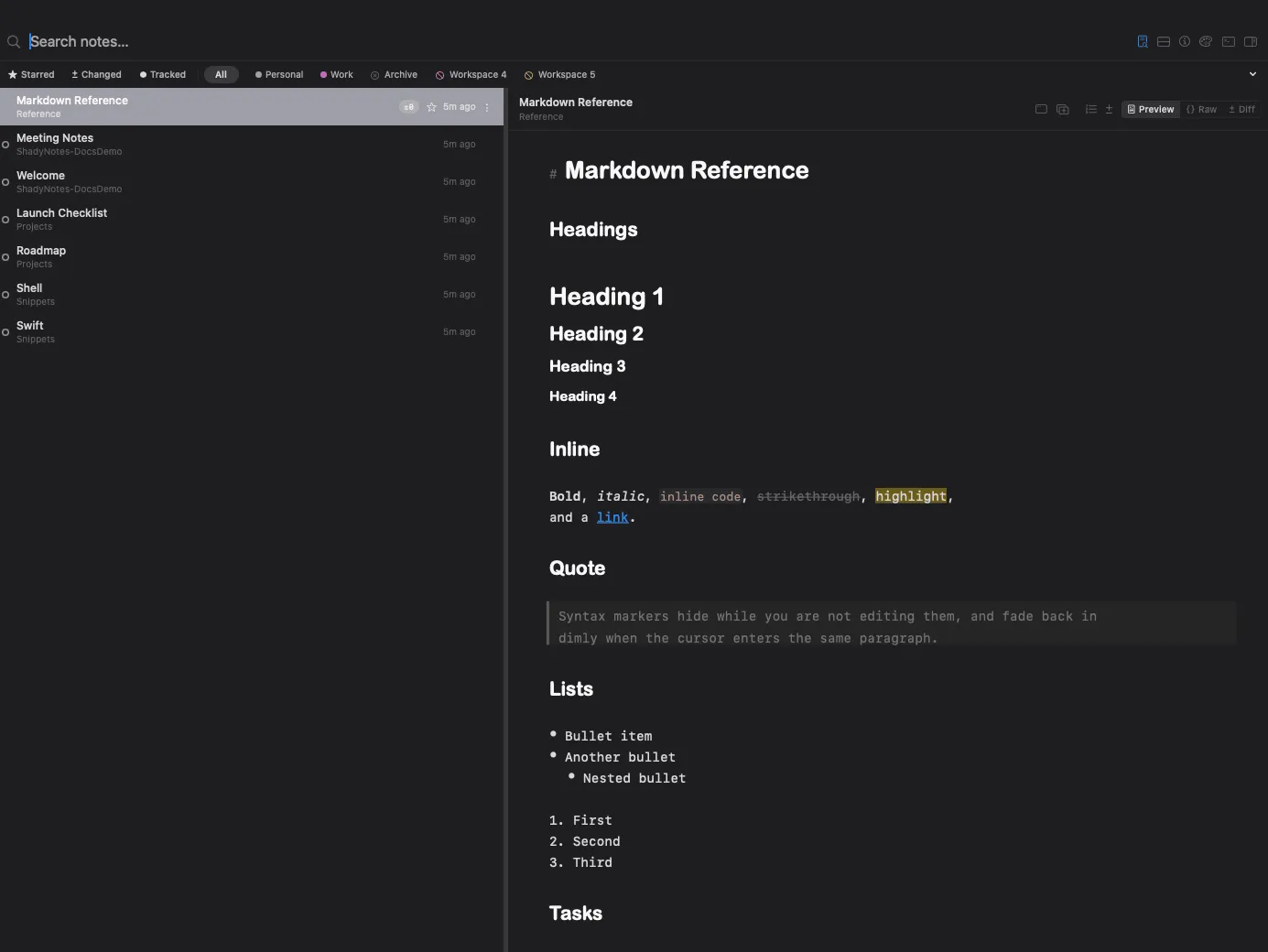 The Navigator window listing notes from several file trees with filter pills across the top.