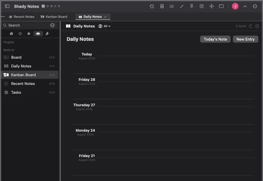 The Daily Notes plugin showing a timeline of dated entries.