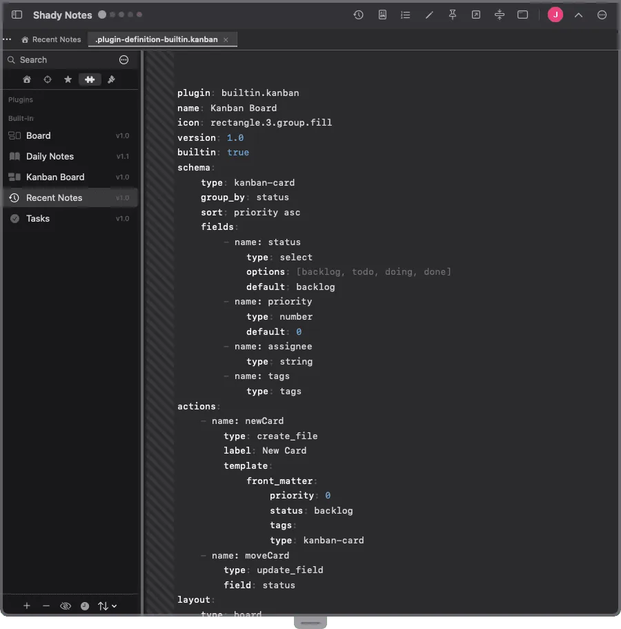 The View Definition panel showing a plugin's front-matter source.