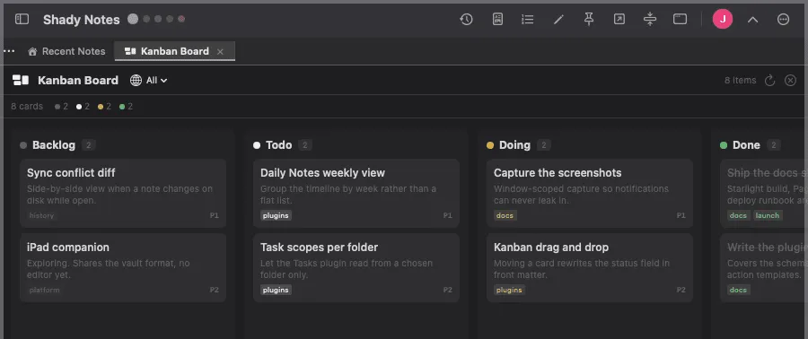 A Kanban board with cards arranged in status columns.