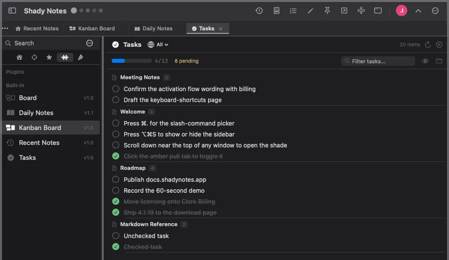 The Tasks plugin listing checkboxes gathered from across the vault, each linked to its source note.