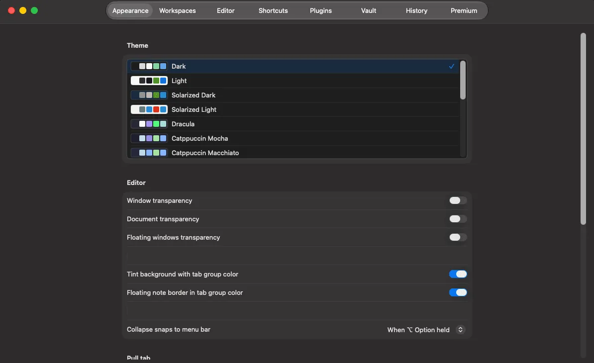 The Appearance tab in Preferences.