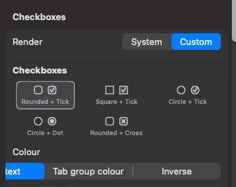 The checkbox style picker in Preferences showing the five available styles.