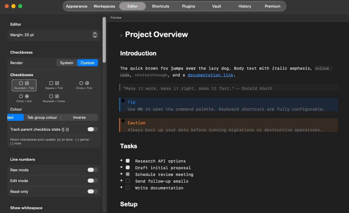 The Editor tab in Preferences.