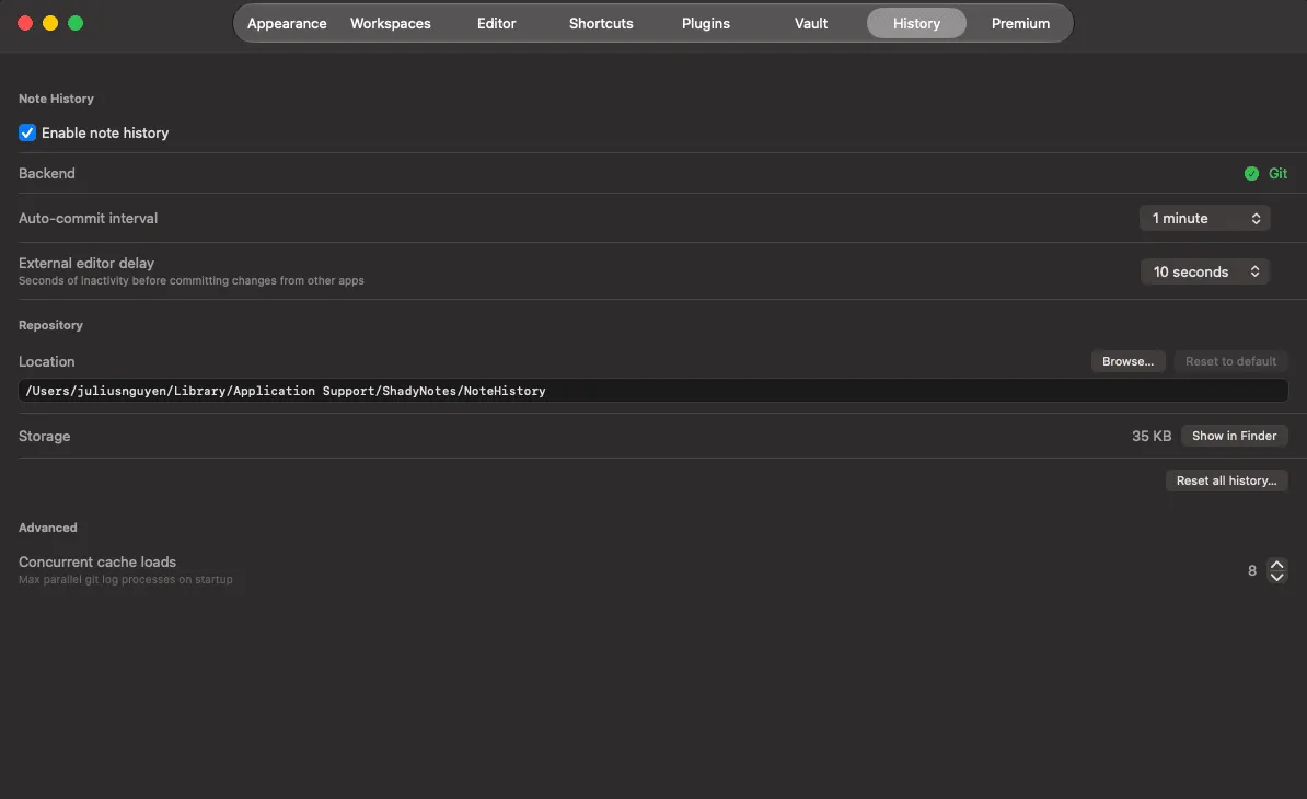 The History tab in Preferences.