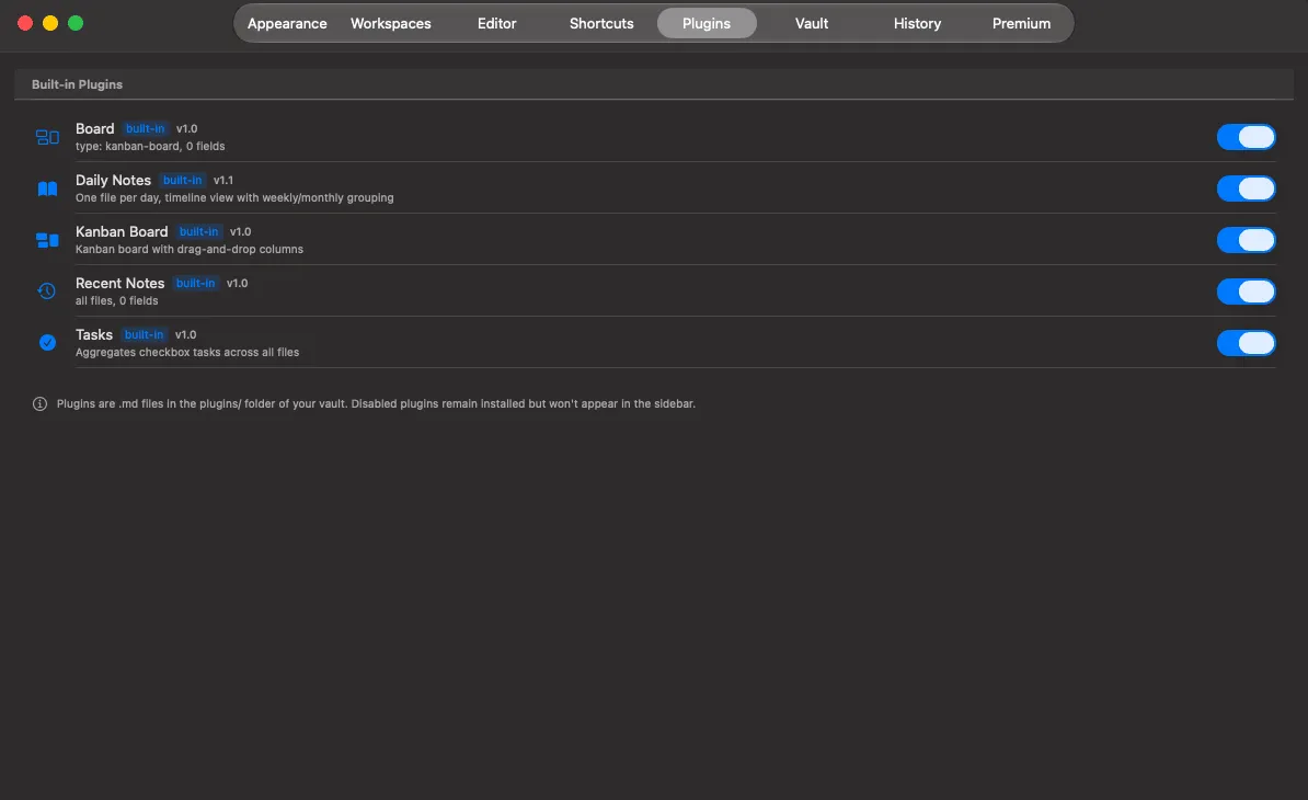The Plugins tab in Preferences, listing available plugins with enable toggles.