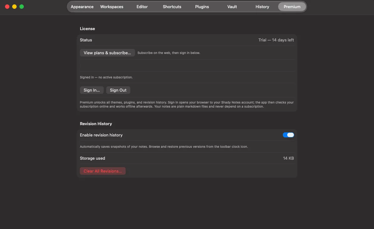 The Premium tab in Preferences showing the current trial state.