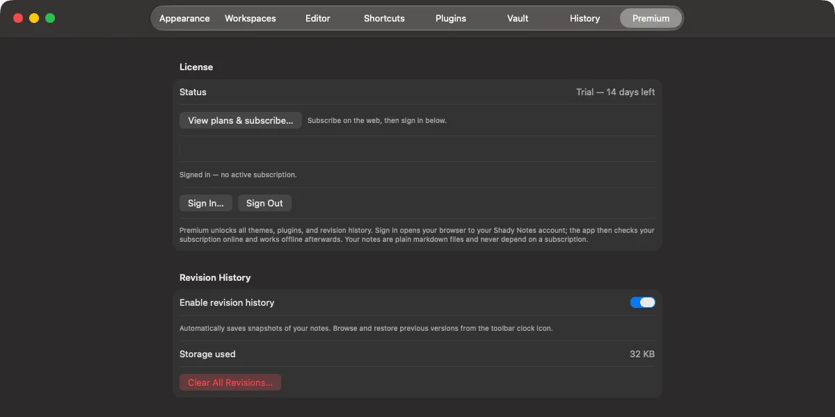 The Premium tab showing trial status, subscription controls and the revision history switch.