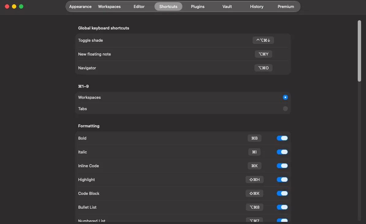 The Shortcuts tab in Preferences.