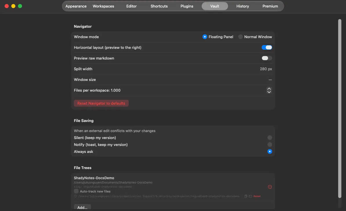 The Vault tab in Preferences, showing file trees and note naming settings.