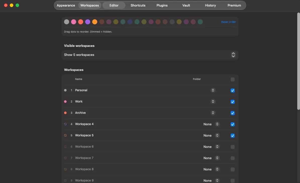 The Workspaces tab in Preferences, listing workspaces with colour, assigned folder and home page settings.