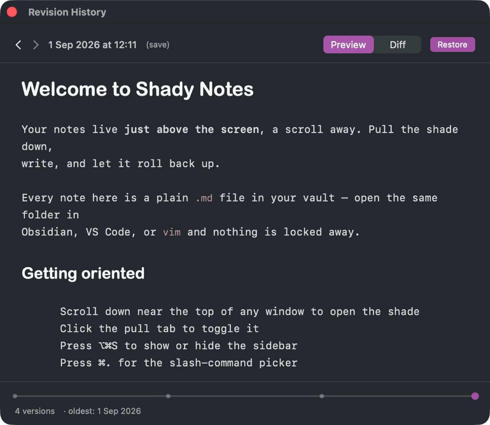 The revision history overlay showing a timeline of versions for a note.