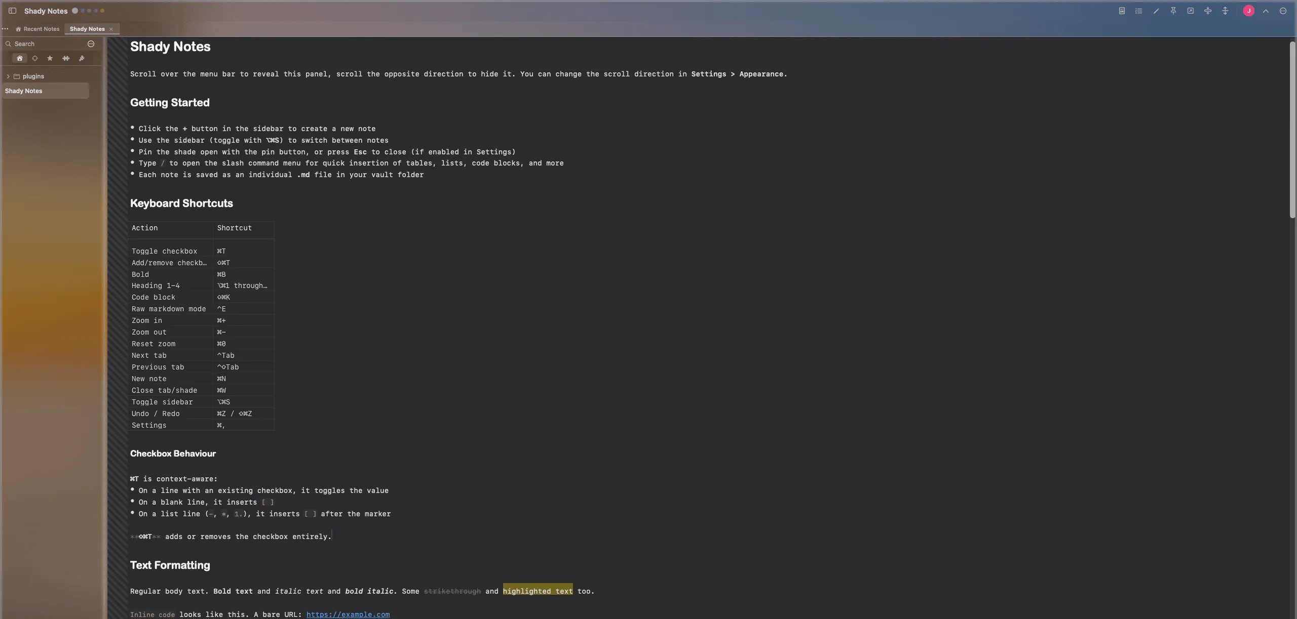 The Shady Notes shade open over a desktop, showing the sidebar file tree on the left and a rendered Markdown note on the right.
