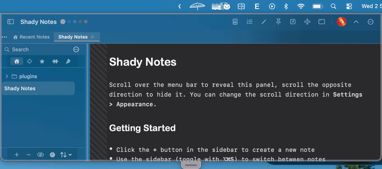 The shade partway open, hanging below the menu bar with the pull tab at its lower edge.