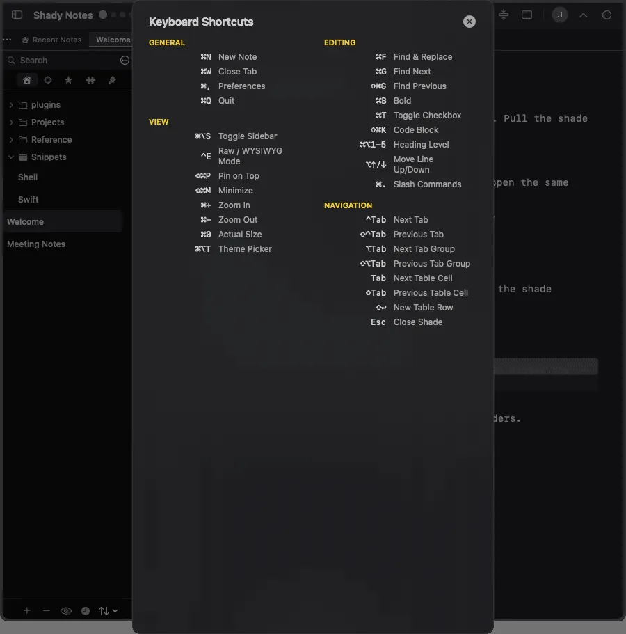 The keyboard shortcuts overlay listing shortcuts grouped by category.