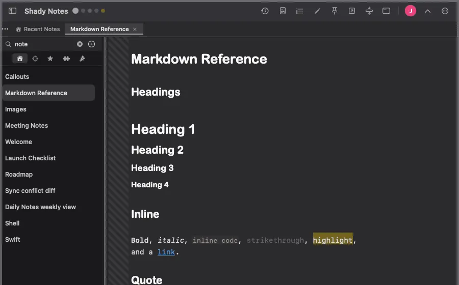 The sidebar search field with a term entered and matching notes listed.