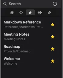 The Starred sidebar tab listing four starred notes, each with an amber star and its path.