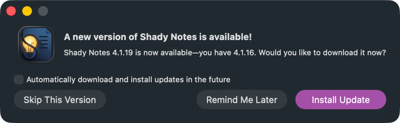 The Sparkle update dialog offering a new version with release notes.