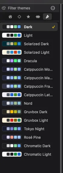 The Themes sidebar tab listing themes with colour swatches and a search field.