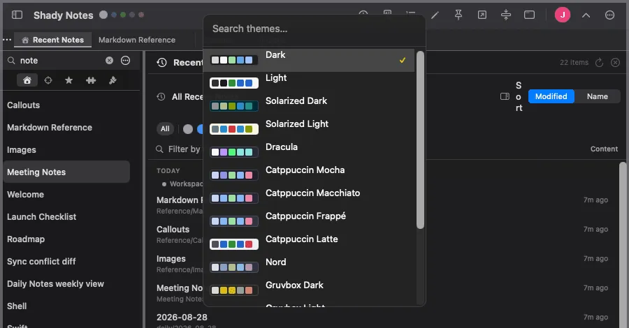 The theme picker overlay showing colour swatches for the available themes.
