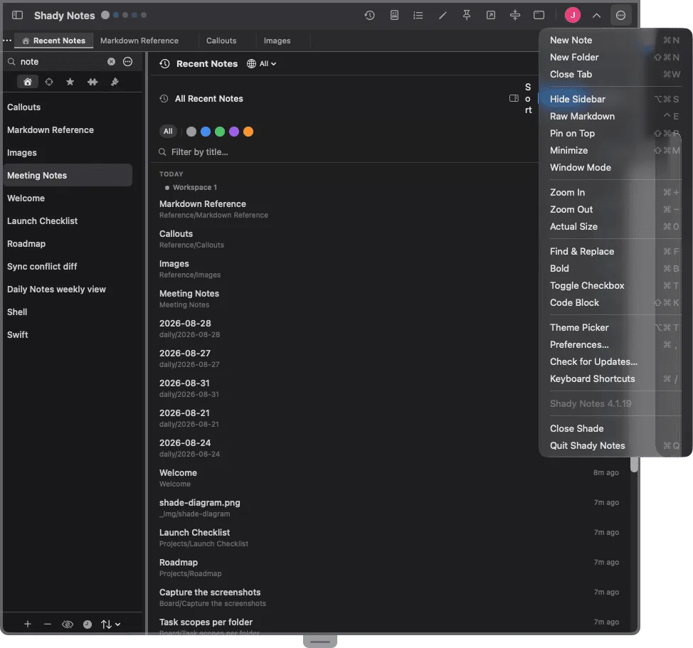 The toolbar ellipsis menu open, showing grouped Notes, View, Editing and Other sections.